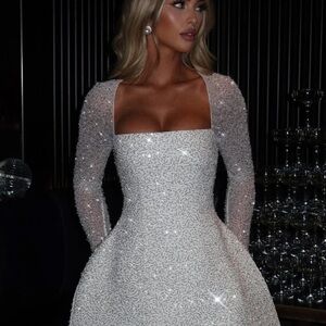 Sparkling White Mini Dress with Square Neck and Sheer Long Sleeves